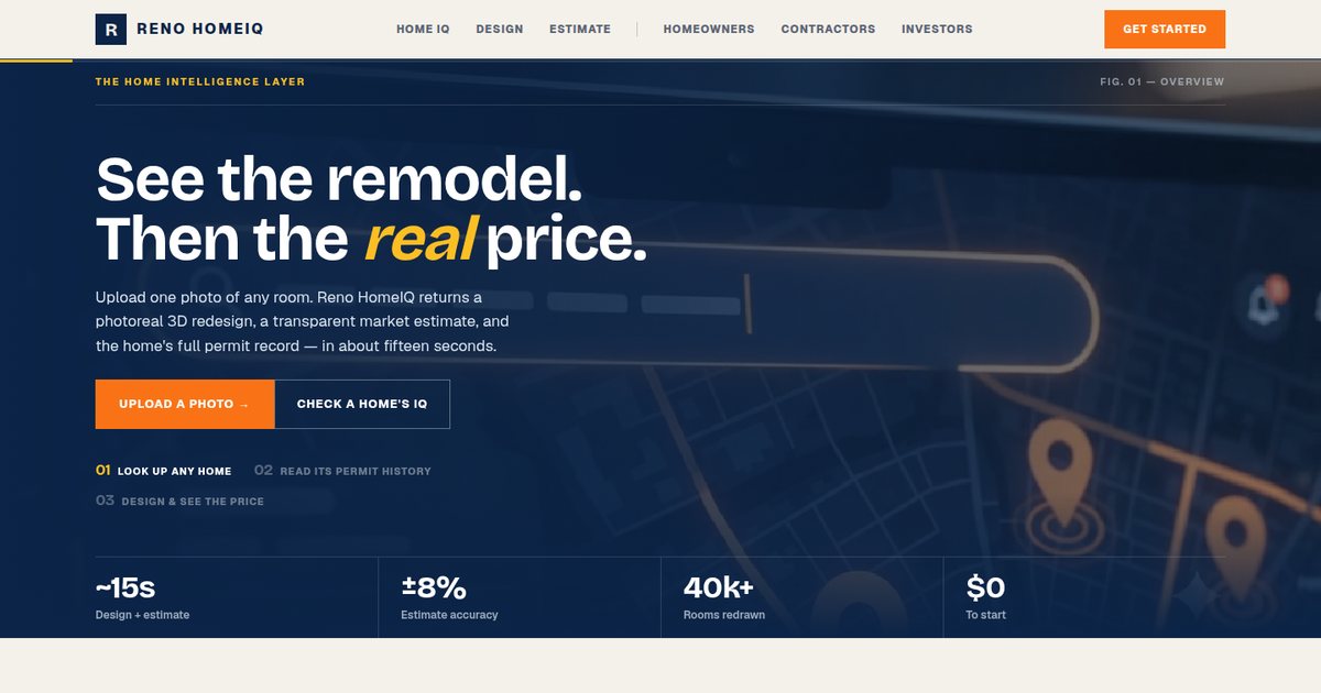 Reno HomeIQ interface showing remodel design, price estimate, and property intelligence features